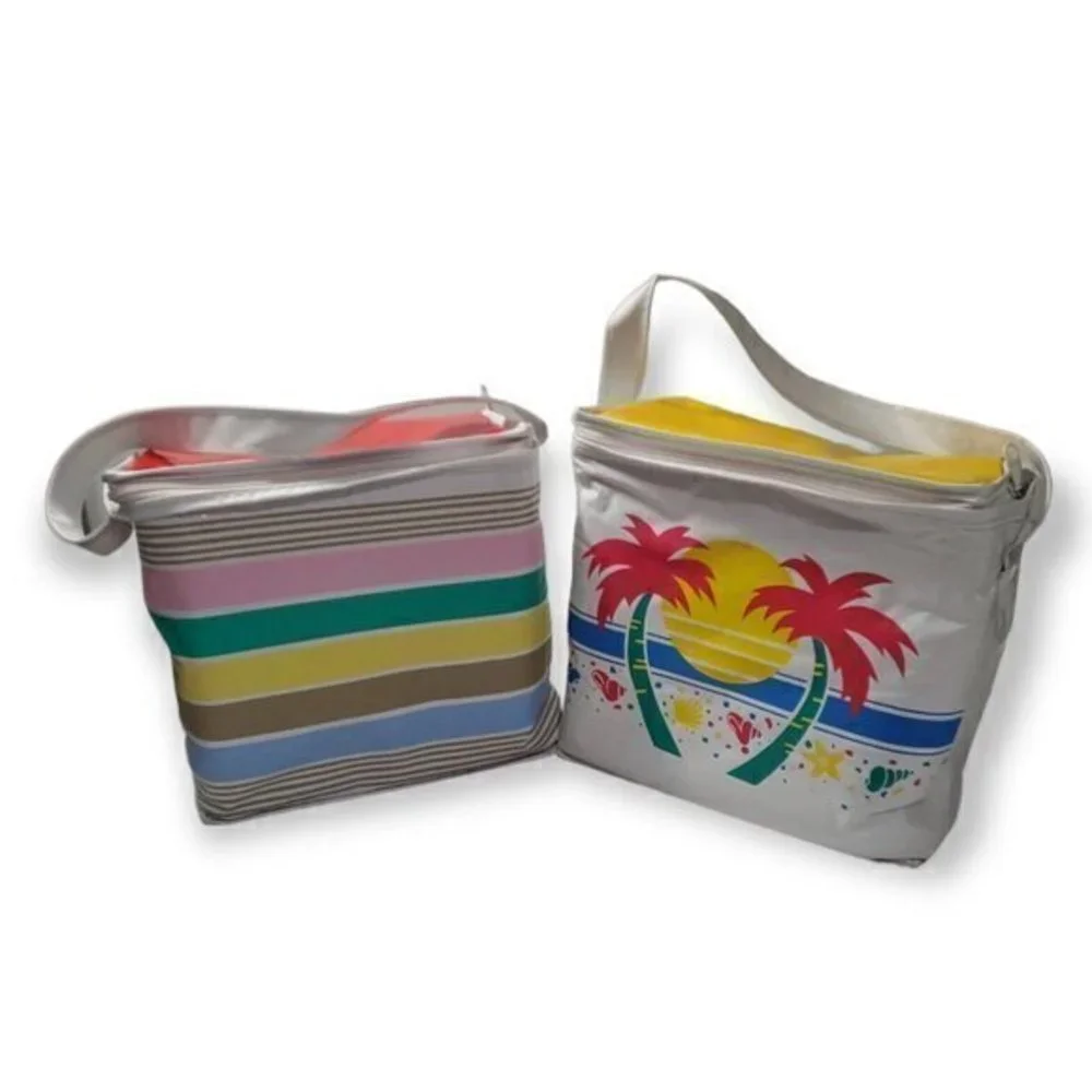 2x Vintage 90's Colorful Print Soft Zip Coolers Insulated 6-Pack Palm Trees Neon